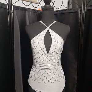 Windsor Gray Silver Halter Bodysuit Criss Criss Embrodiered Rhinestones Ladies S